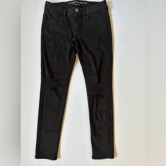 American Eagle Womens Jeans Size 8 Black Jegging Distressed Super Stretch Denim - Picture 1 of 9